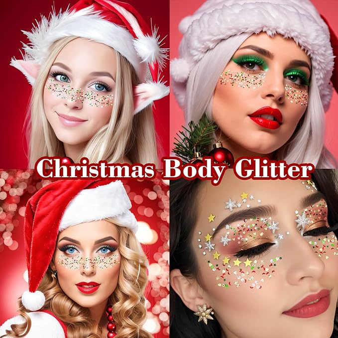 Christmas Makeup Face Glitter Gel,Green Red Body Glitter Gel Rave Accessories,Stocking Stuffers Kids Self-Adhesive Sequins Glitter,Sparkling Festival Party Gift for Women Girls,50ML