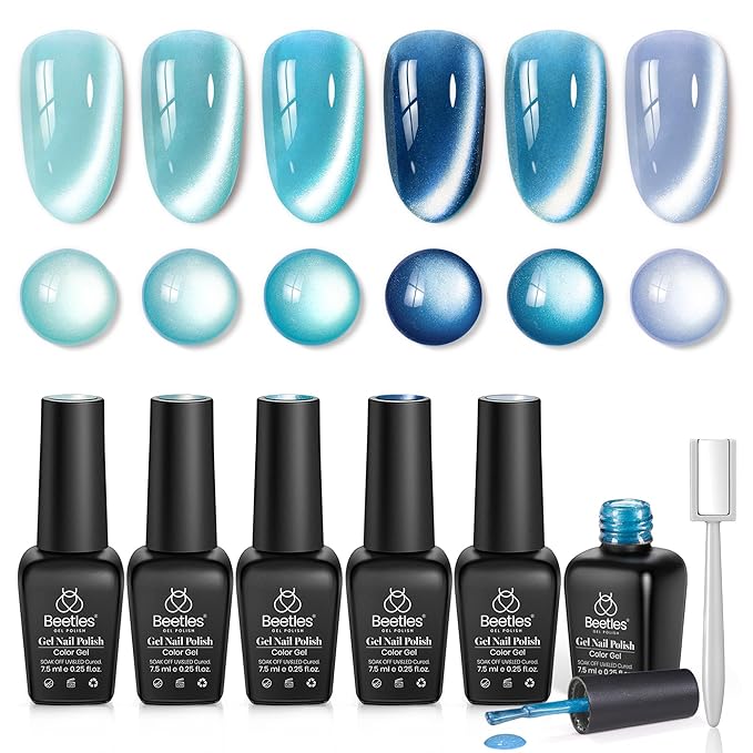 beetles Gel Polish Moonlit Mist Cat Eye Gel Nail Polish Set - 6 Colors Blue Glitter Fall Gel Nail Kit, Jelly Sheer Magnetic Shine Soak Off UV Gel for Salon DIY Manicure Gift for Women