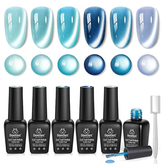 beetles Gel Polish Moonlit Mist Cat Eye Gel Nail Polish Set - 6 Colors Blue Glitter Fall Gel Nail Kit, Jelly Sheer Magnetic Shine Soak Off UV Gel for Salon DIY Manicure Gift for Women