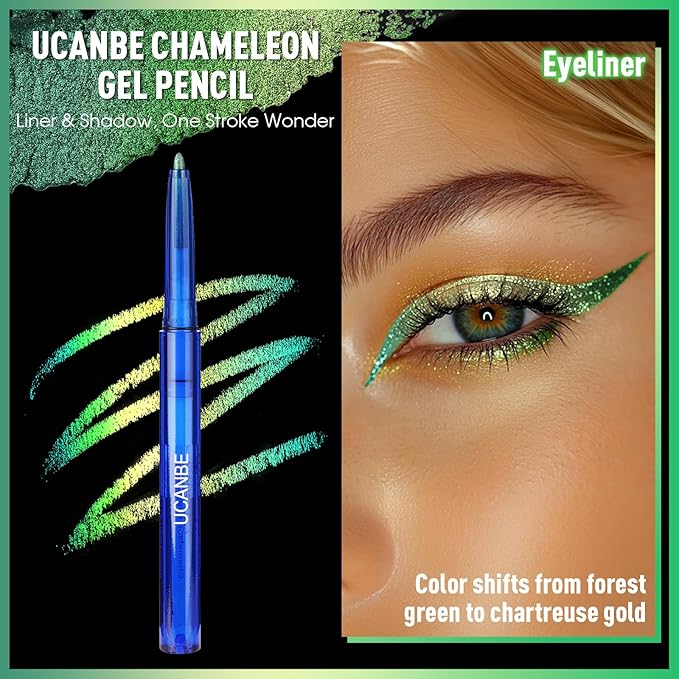 UCANBE Chameleon Eyeshadow & Eyeliner Gel Pencil-Multichrome Shifting Colors Metallic Glitter Eye Makeup,Waterproof Long-Lasting Smudge-Proof Multi-Dimensional Color (Forest Green to Chartreuse Gold)