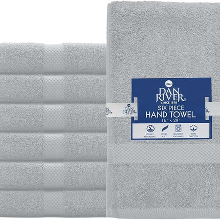 DAN RIVER 6-Pack Premium Hand Towels (16x28 Inches) - 100% Cotton, Ultra Soft, Lightweight, Highly Absorbent Towels for Bathroom, Spa, Gym, Salon, Hotel, and Travel - Silver