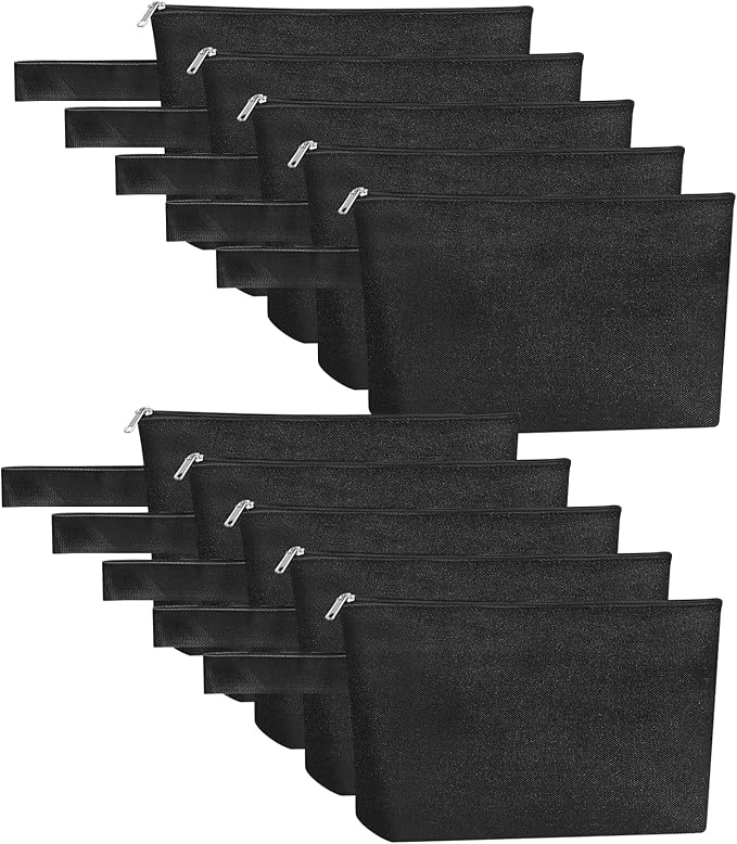 10 Pieces Cotton Canvas Makeup Bag with Bottom, Multi-Purpose Cosmetic Bag with Zipper Travel Toiletry Pouch, Blank DIY Craft Bag Pencil Bag (S, Black) (MN-WB07)