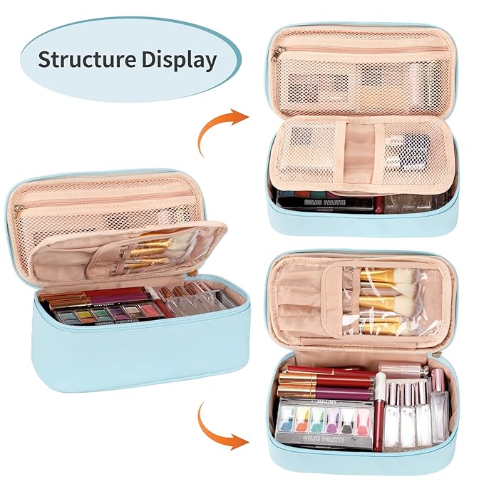 OCHEAL Small Makeup Bag,Portable Cute Travel Makeup Bag Pouch for Women Girls Makeup Brush Organizer Cosmetics Bags with Compartment-Blue