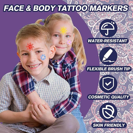 Water Resistant Face Paint Tattoo Pen - 18Pcs Temporary Tattoo Markers for Skin Dual-End Visible Capacity Henna Body Tattoo Kit, Body Painting Kit, Teen Girl Gifts Trendy Stuff for Teenage Adults