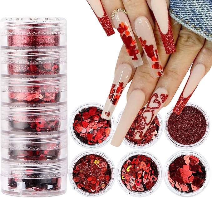 6Pcs Valentines Nail Art Glitter Flake 3D Red Nail Sequins Heart Shaped Nail Art Decoration Holographic Valentine’s Day Nail Glitter Decals Romantic Red Powder Flakes for Body Makeup Nails Accessories