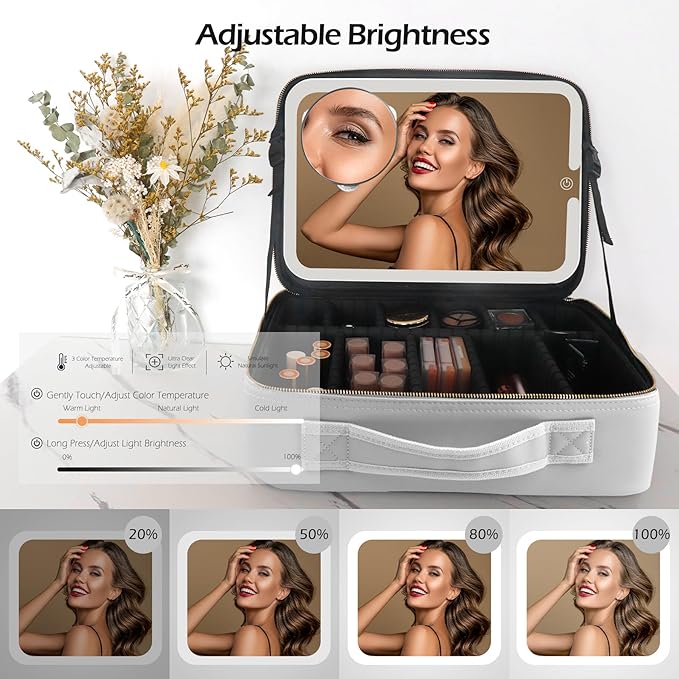 MOMIRA Large Makeup Train Case with Lighted and Mirror 14inch Partitionable Cosmetic Bag Travel Makeup Case Professional Cosmetic Artist Organizer, Waterproof Portable, with Shoulder Stra Silver