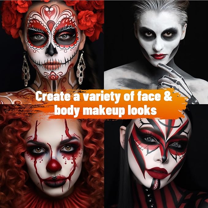 BOBISUKA White Black Red Face Body Paint with 3PCS Sponges Face Painting Kit for Adult Large Capacity Oil Based Paints Palette For Halloween Makeup Clown Joker Devil Cosplay SFX Costume Party