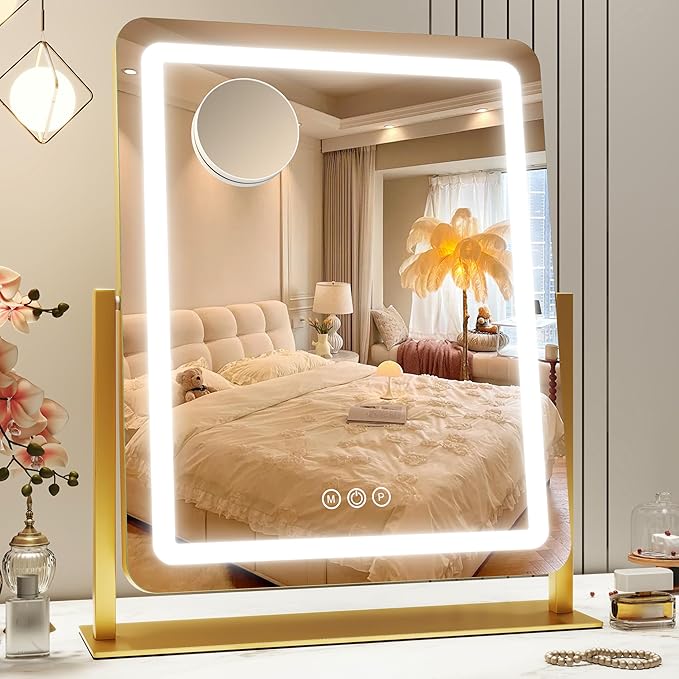 Vanity Mirror with Lights, 18"x22" LED Makeup Mirror with 10X Magnification, Smart Touch 3 Colors Dimmable, Light Up Mirror for Makeup Desk, 360° Rotation, Gold
