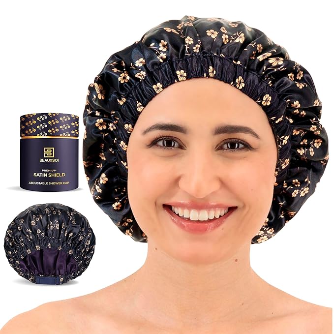 Luxury Reusable Shower Cap for Women - Satin Lined, Adjustable & Waterproof - Keeps Hair Dry- Durable Hair Bonnet by BEAUXSOI (Fleur de Nuit) - Floral design
