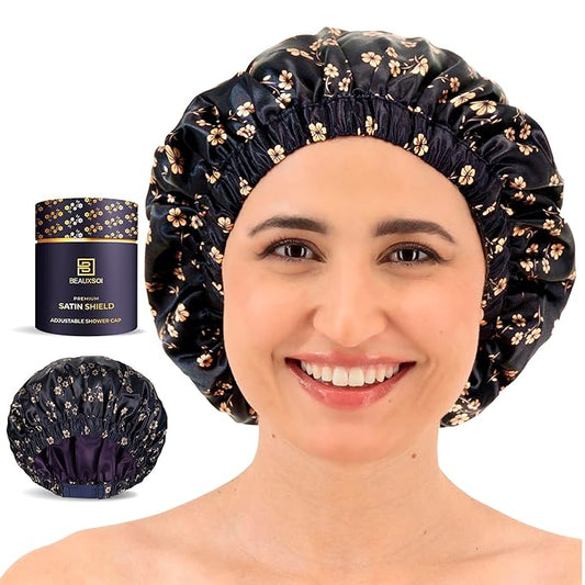 Luxury Reusable Shower Cap for Women - Satin Lined, Adjustable & Waterproof - Keeps Hair Dry- Durable Hair Bonnet by BEAUXSOI (Fleur de Nuit) - Floral design