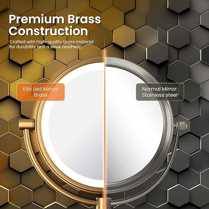 KIBI Circular Lighted Makeup Mirror with LED Lights and Magnification | 360-Degree Swivel with Adjustable Brightness, Dual-Sided Mirror for Desk with 5X Magnification (Brushed Gold Finish, KMM104)