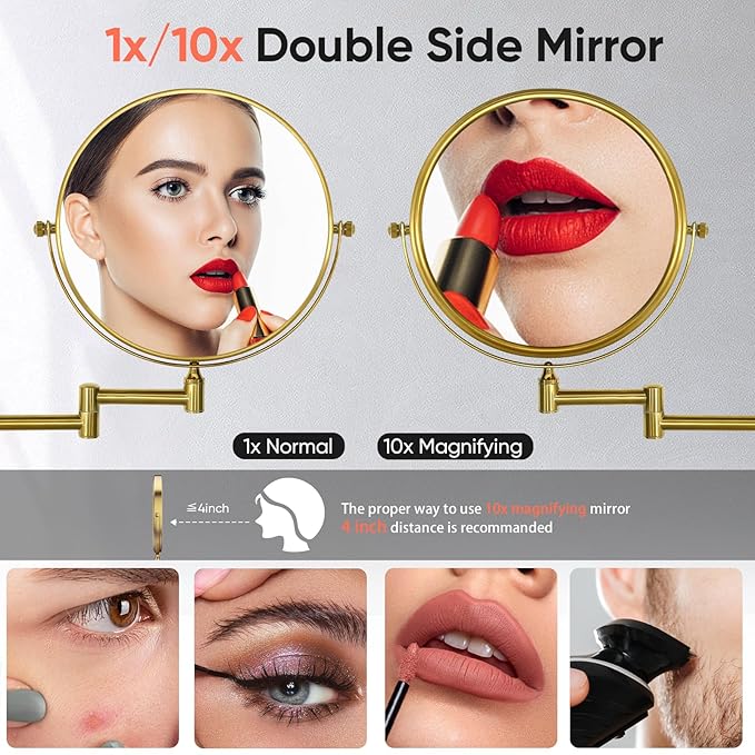 GURUN 8" Wall Mounted Makeup Mirror with 10X Magnification,Two-Sided Swivel Bathroom Mirror,Brushed Gold Finish M1306GJ(8",10X)