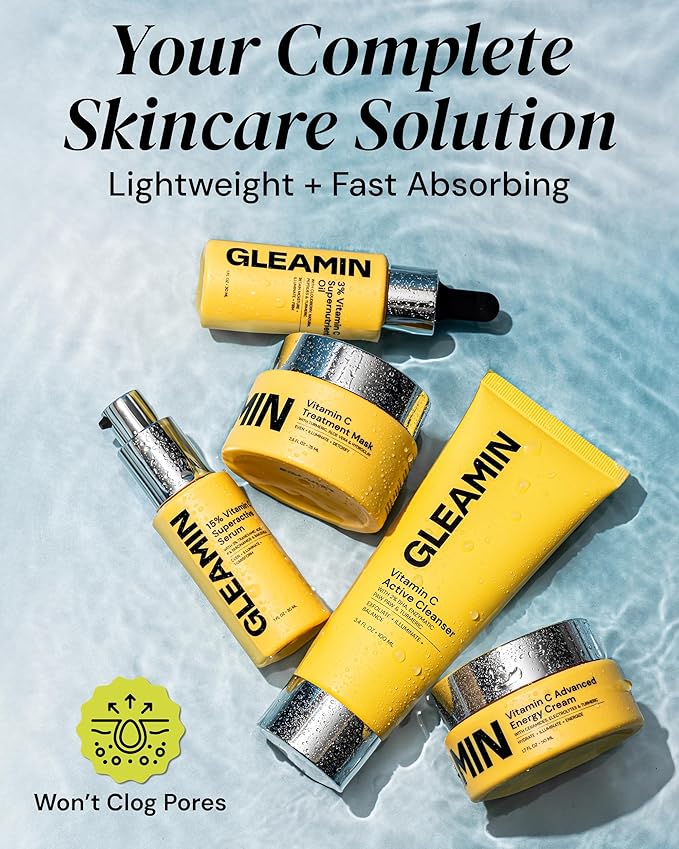 Gleamin Brightening Skincare Bundle – Mask, Serum, Cleanser, Moisturizer & Oil for Dark Spots, Uneven Tone, and Glowing Skin – Complete Vitamin C Skincare Routine