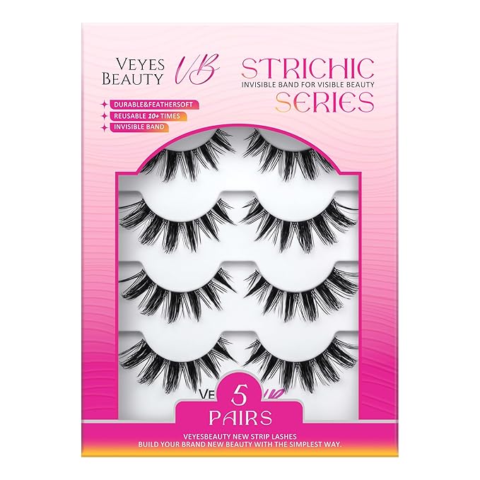 VEYESBEAUTY False Eyelashes Wispy Lashes Lightweight Natural Look Fluffy Faux Mink Thin & Invisible Band Manga Lashes, Comfortable and Reusable, 5 Pairs