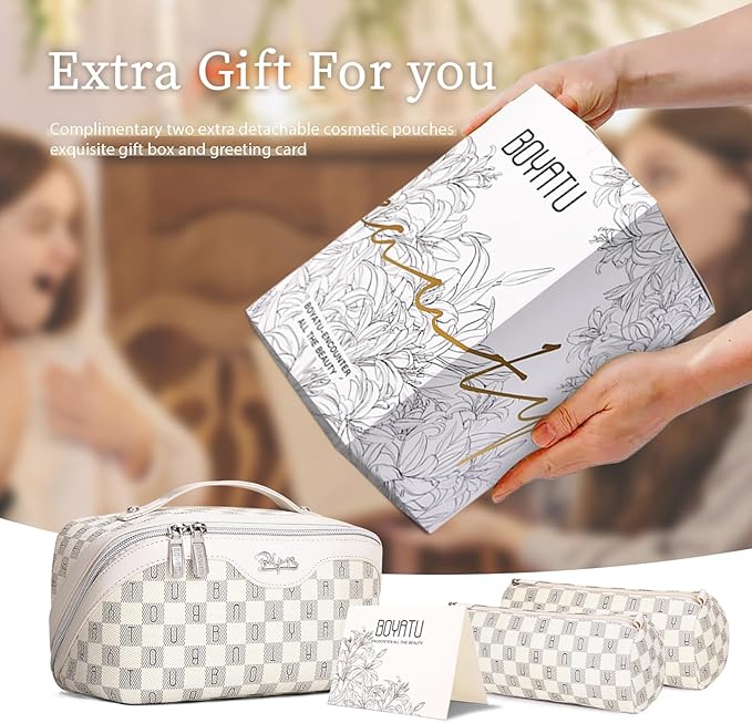 BOYATU Travel Makeup Bag Cosmetic Bags for Women: 3 Pcs Set Portable Make up Bag with Handle - Vegan Leather Toiletry Bags with Compartments - Makeup Organizer for Travel Essentials(02-Beige)