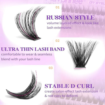 Russian Lash Extensions Kit Spikes Lash Individuals 100D 120D Volume Eyelash Clusters D-Curly Lash Clusters Kit 12-19MM DIY Eyelash Extensions with Bond and Seal Eyelash Glue and Tweezers by Mavphnee