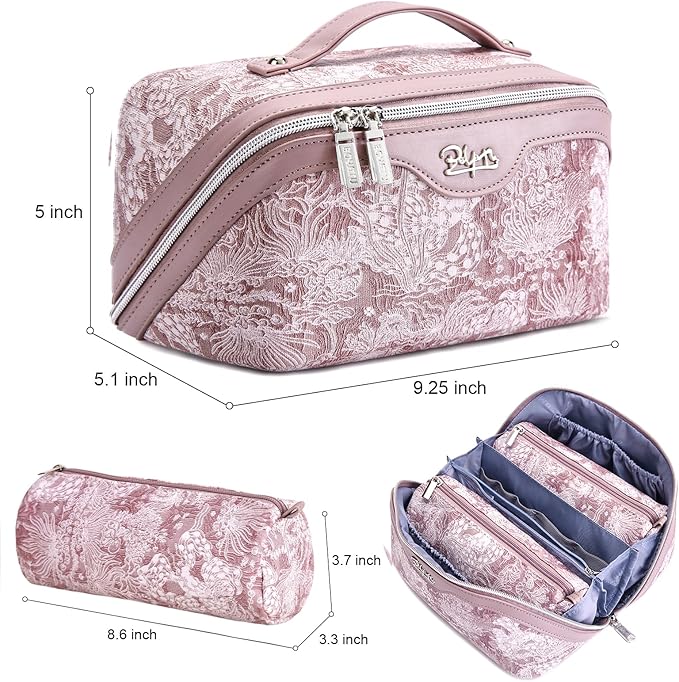 BOYATU Travel Makeup Bag for Women: Large Capacity Make up Bag with Compartments - Vegan Leather Cosmetic Bag set of 3 - Waterproof Toiletry Bag with Handle & Divider(D-01Purple)