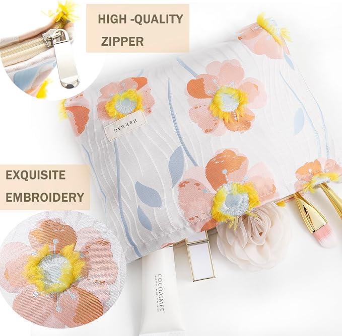 2 Pcs Makeup Bags, Large Cosmetic Bag Travel Toiletry Bag Organizer for Women, Embroidery Craft, Floral Makeup Bag Small Cosmetic Pouch Purse with Zipper Gifts for Girls Teen