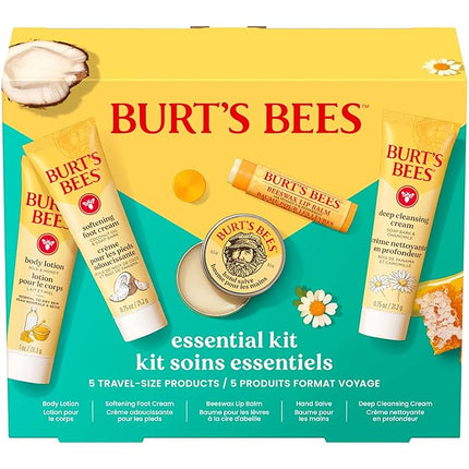 Burt's Bees Valentine's Day Gift Ideas - Essentials Everyday Set, 5 Travel Size Products - Deep Cleansing Cream, Hand Salve, Body Lotion, Foot Cream and Original Lip Balm