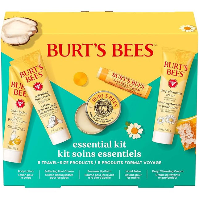 Burt's Bees Valentine's Day Gift Ideas - Essentials Everyday Set, 5 Travel Size Products - Deep Cleansing Cream, Hand Salve, Body Lotion, Foot Cream and Original Lip Balm
