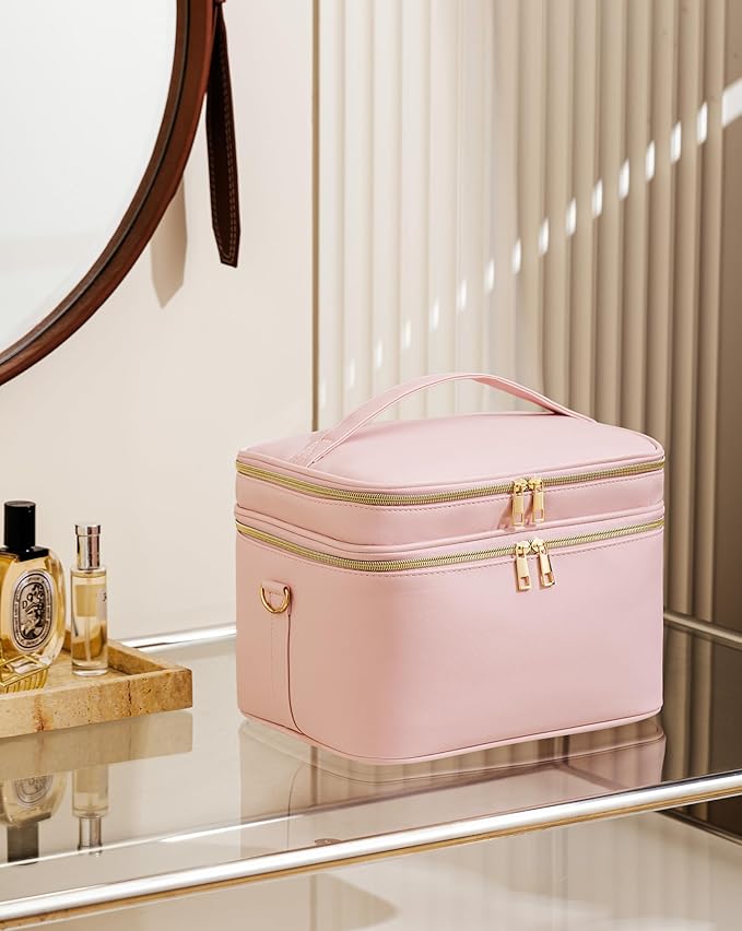 Makeup Bag for Women XL-Large Travel Makeup Bag Organizer Portable Toiletry Bag Cute Makeup Bags Waterproof Leather Cosmetic Bag Makeup Case with Removable Dividers, Pink