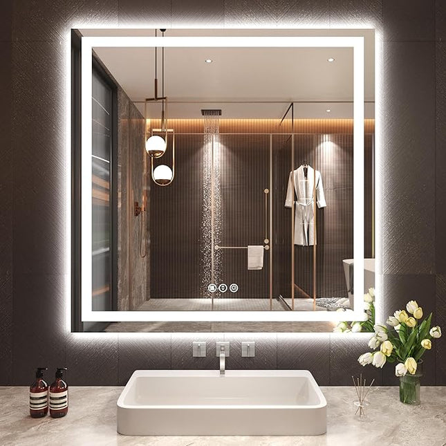 36"X36" LED Bathroom Mirror with Front Lights and Backlit, Anti-Fog, Dimmable, Shatter-Proof Tempered Glass, Lighted Bathroom Vanity Mirror for Wall with 3 Colors, Memory Function
