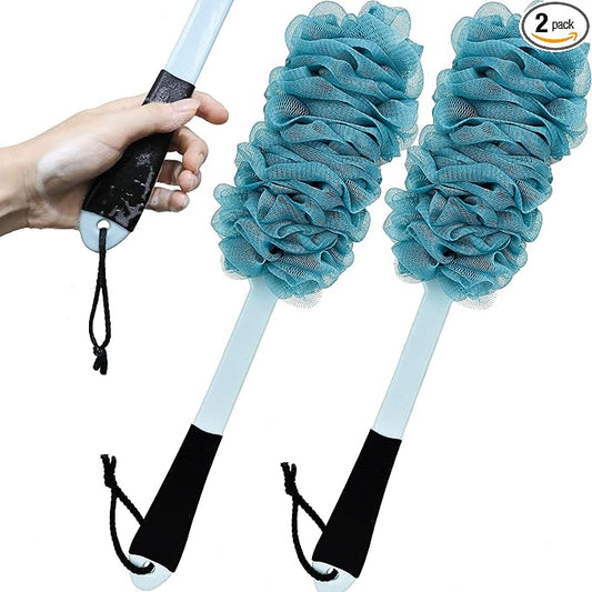 2 Pack Back Scrubber for Shower, Anti Slip Long Handle Bath Body Brush, Loofah with Handle, Back Scrub Brush, Soft Mesh Loofah Sponge Shower Brush for Women, Men, Elderly (2 Pack= Blue)
