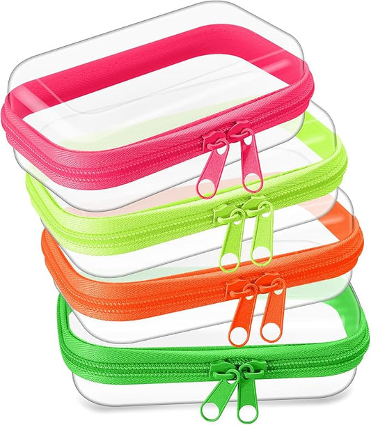 Hoolerry 4 Pcs Hard Clear Zipper Case Makeup Bags Plastic Pencil Pouch Transparent Storage Box Containers for Cosmetics, Snacks, Building Blocks, Puzzles(Fluorescent,5 x 3 x 2 in)