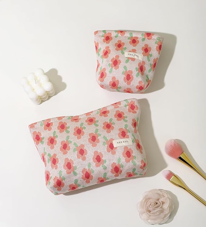 2 Pcs Makeup Bags, Large Cosmetic Bag Travel Toiletry Bag Organizer for Women, Embroidery Craft, Floral Makeup Bag Small Cosmetic Pouch Purse with Zipper Gifts for Girls Teen