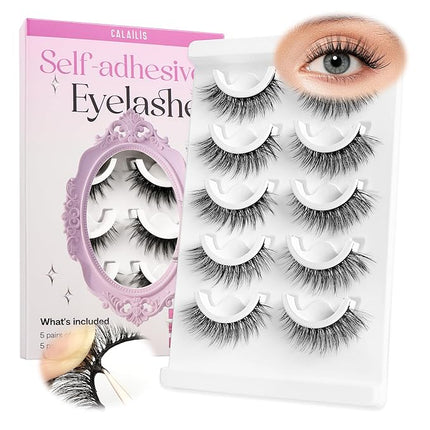 CALAILIS Self Adhesive Eyelashes 5 Pairs Natural Look Press On Lashes No Glue Need Eyelashes Reusable Cat Eye Wispy Self-adhesive False Lashes with Replacement Adhesive Strips (CX20)