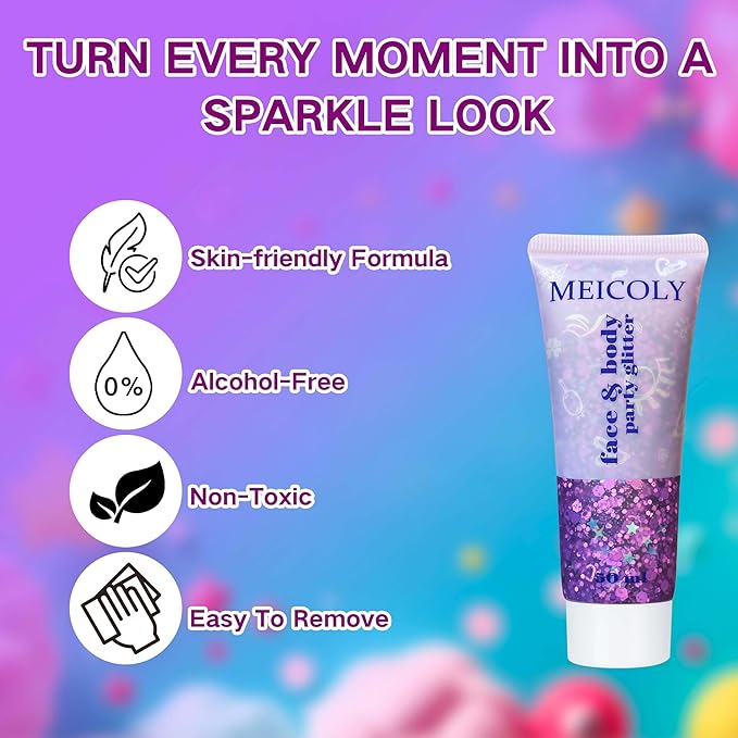 MEICOLY Purple Face Body Glitter,Mermaid Sequins Hair Glitter Makeup,Sparkly Face Glitter for Women and Kids,Chunky Glitter for Festival Rave Accessories,50ml