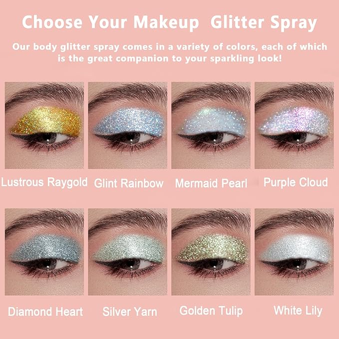 Boko Body Glitter Spray, Silver Glitter Spray for Sparkling Body Face Hair Nail Clothes, Hair Glitter Spray Body Shimmer Powder for Highlighter Makeup Festival Concert Party Rave Accessories