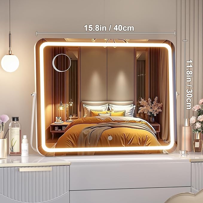 MINISO Vanity Mirror with Lights, 16" x 12" LED Makeup Mirror, Light & Brightness Adjustment, Smart Sensor, 360°Rotation, Aluminum Alloy Metal White Frame, with 5X Magnifying Glass