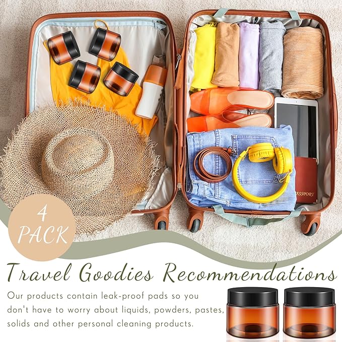 Patelai 4 Pieces Round Wide-mouth Leak Proof Plastic Container Jars with Lids for Travel Storage Makeup Beauty Products Face Creams Oils Salves Ointments DIY Making(2 Ounce,Amber)