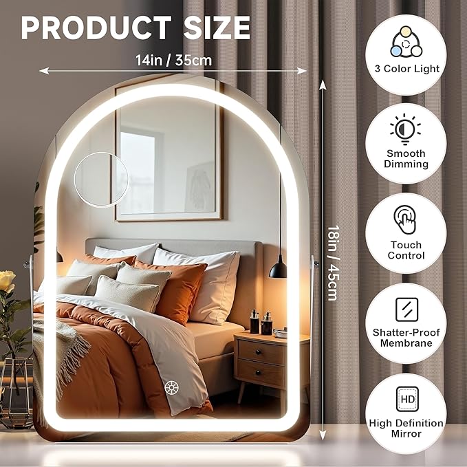 MINISO Vanity Mirror with Lights-14" x 18" Arched Makeup Mirror with 3 Color Lights, Adjustable Brightness, 10X Magnification, 360°Rotation