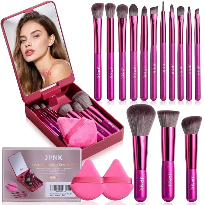 JPNK Travel Makeup Brush Set Foundation Powder Concealers Eye Shadows Makeup Set with 5X Magnifying Mirror Box