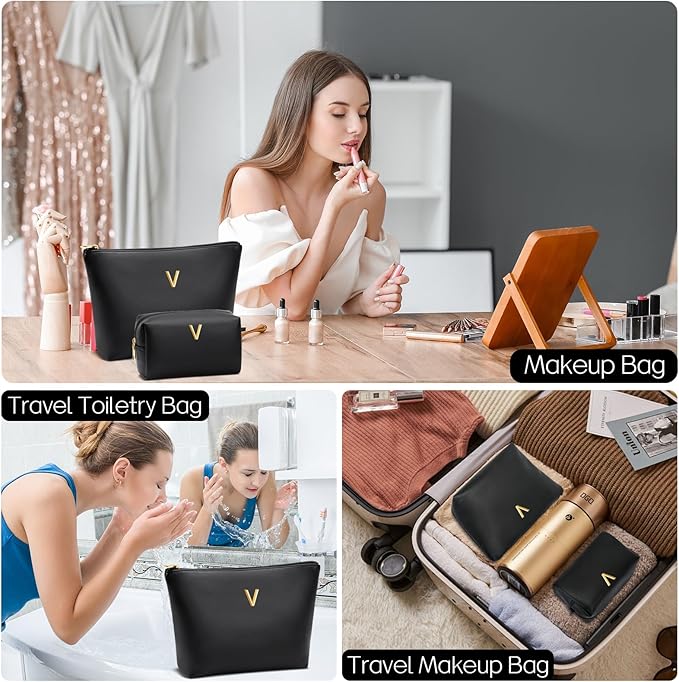 Women Gifts | Initial Makeup Bag Set for Girl Personalized Gifts for Bridesmaid Friend Graduation Teachers PU Leather Cosmetic Travel Toiletry Bag(Black,V)