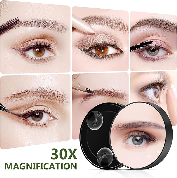 30X Magnifying Mirror, Magnifying Mirror Suction Cup, Travel Makeup Mirrors with Precise Tweezers, Compact Mirrors for The Removal of Female Facial Hair, 3.5 Inches (Black)