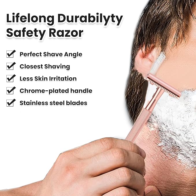 Single Blade Razor For Women With 10 Premium Stainless Steel Reusable Safety Razor Blade, Woman One Blade Razor, Rose Gold