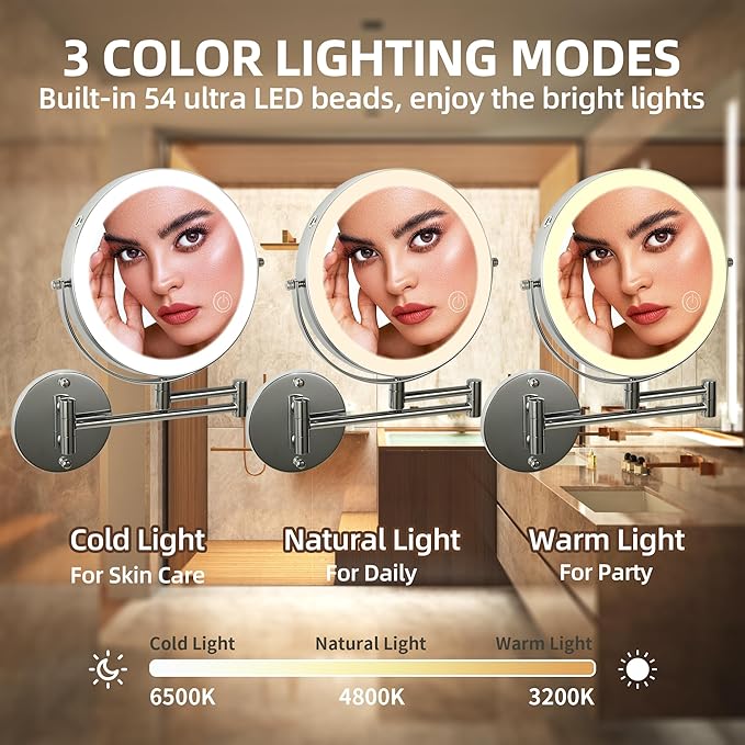 8" Wall Mounted Lighted Makeup Mirror with Magnification, 1X/10X Magnifying Mirror with Light, 3 Color Lights, Extendable Double Sided 360° Swivel Bathroom Mirror Type-C Rechargeable (Silver)