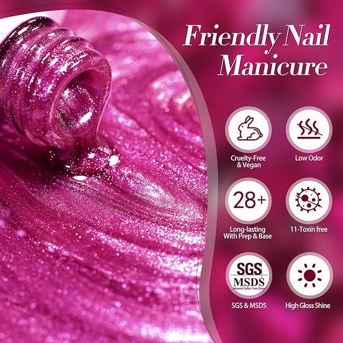 BORN PRETTY Gel Nail Polish Hot Pink Pitaya Red Color Gel Polish Ice Glass Cat Magnetic Eye Effect Holographic Glitter Shimmer Soak Off Nail Art Manicure DIY Salon and Home Sweetheart Series