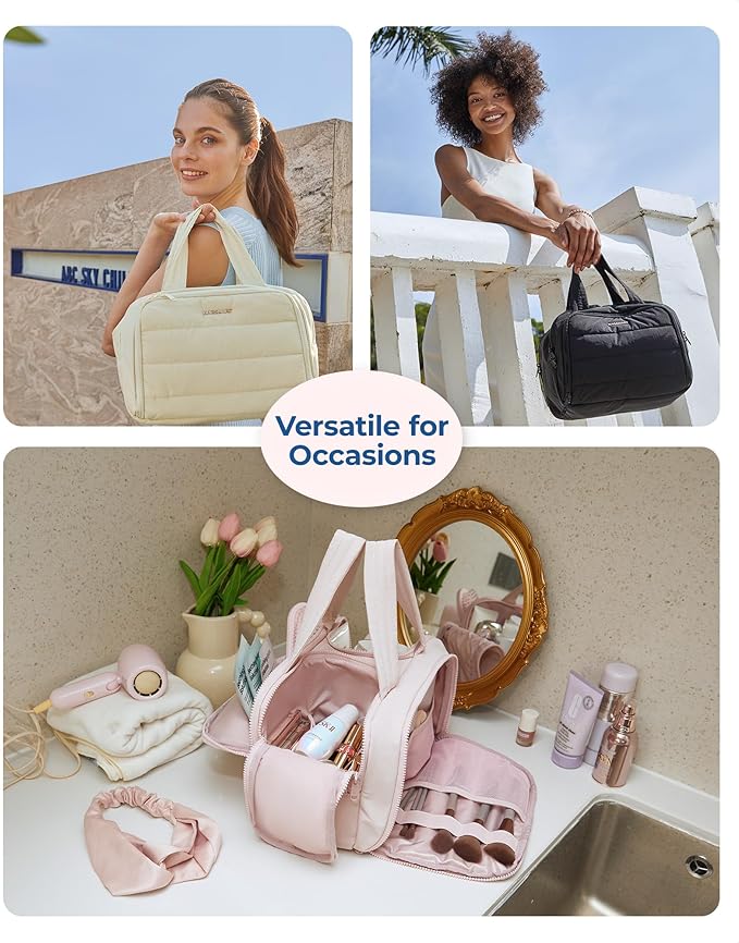 BAGSMART Travel Toiletry Bag, Lightweight Large Wide-open Travel Bag for Women, Puffy Cosmetic Makeup Bag Organizer with Handle for Accessories,Essentials, Toiletries, Pink