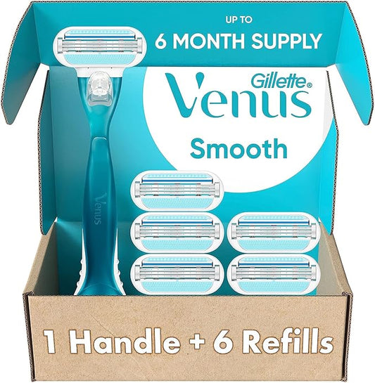 Gillette Venus Smooth Women's Razor Handle + 6 Refills with Soft-Grip Gel Handle