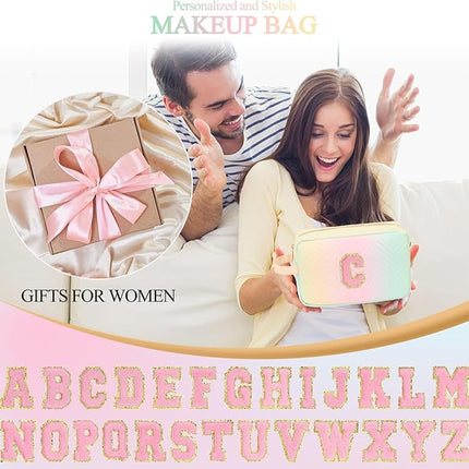 Personalized Initial Makeup Bag Waterproof Leather Cosmetic Bag Travel Toiletry Bag, Valentine’s Day Gift Makeup Organizer Case & Makeup Pouch for Women Teen Girls Mom Girlfriend Wife