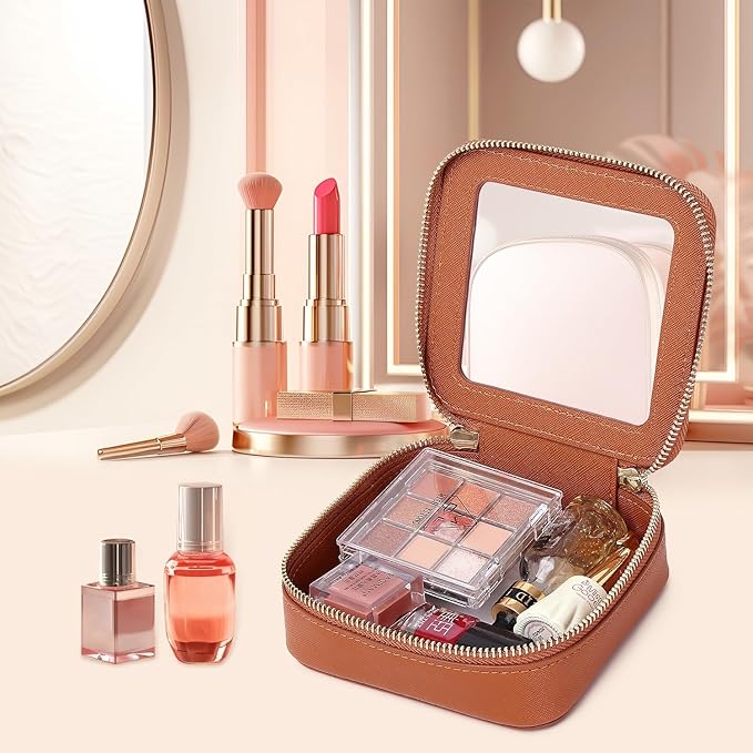 Pinkmik Small Makeup Bag Clear Mini Cosmetic Makeup Case & Toiletry Bag with Zipper Women's Purse Organizer & Car Essentials (X/Brown, MINI)