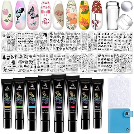 Biutee Nail Stamper Kit 16Pcs Nail Art Stamping Plate 8 Colors Stamp Polish Gel Silicone Stamper Scraper with Storage Bag, Nail Stamp Plates Love Flower Butterfly Leaf Template Valentine Design Gift
