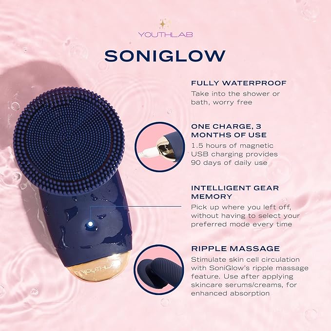 SoniGlow Silicone Facial Cleansing Brush – Electric Vibrating Skincare Scrubber Tool for Deep Pore Cleansing, Gentle Massage, Makeup Removal, Waterproof and Rechargeable (Navy)