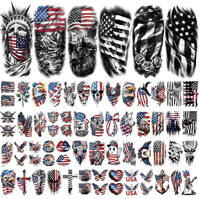 77 Sheets Independence Day Temporary Tattoos, USA Flag Patriotic Waterproof Fake Tattoos, Red White and Blue Party Supplies Tattoo for 4th of July Memorial Day, Veterans Day Tattoos