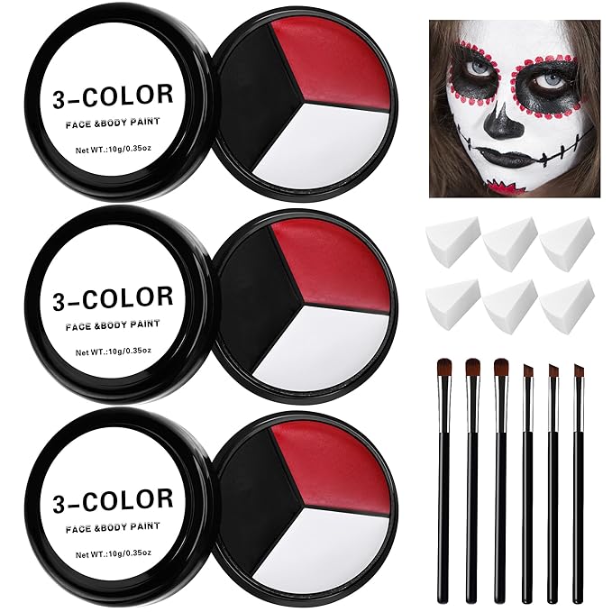 EBaokuup 3 Set Black White Red Face body Paint,3 Colors Clown Makeup Kit with Sponge and Brush,Joker Face Body Paint for Halloween Cosplay,Special Effect Makeup and Costume-Themed Party