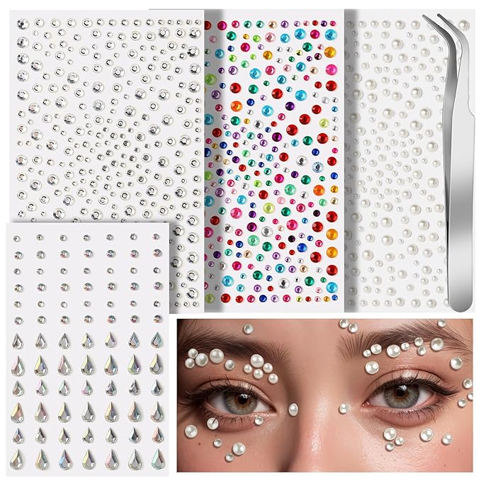 Teenitor Face Gems Self Adhesive Face Gems and Pearls for Makeup, Festival Jewels, Hair Gems, Rhinestone Stickers for Face, Eye, Makeup, Body
